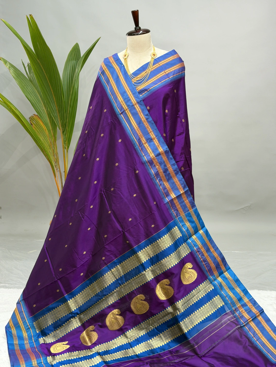 Pure Silk Narayapeth Wine With Sky Blue G10
