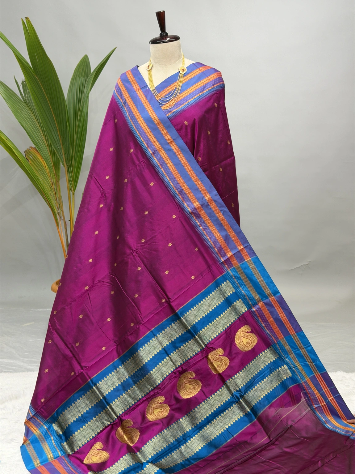 Pure Silk Narayanpeth Rani Pink With Sky Blue G10