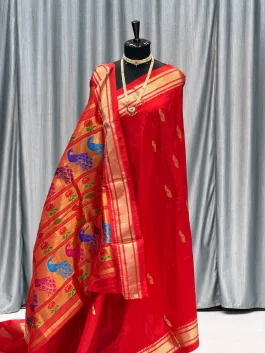 Pure Silk Tissue Pallu Paithani Red B12