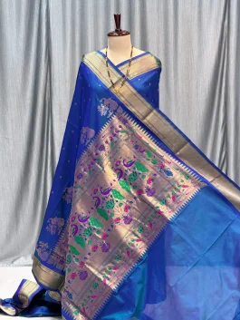 Pure Silk Kalanjali Paithani Powerloom Dhupchav Blue L12