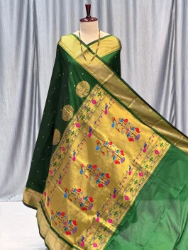 Pure Silk Kalanjali Paithani Powerloom Bottle Green L12