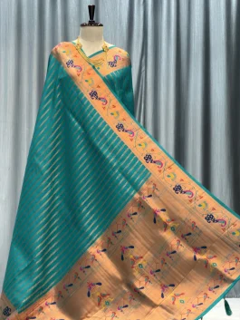 Lotus Peacock Brocade Linning Paithani Rama Green A13