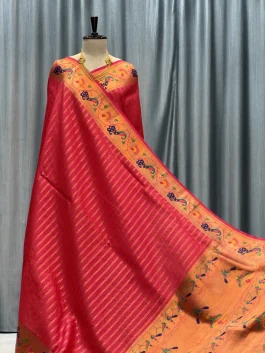 Lotus Peacock Brocade Linning Paithani Red A13