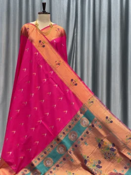Soft Silk Rama Green Paithani Rani Pink B13