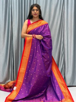 Soft Silk 14 Peacock Pallu Paithani Brinjal F12