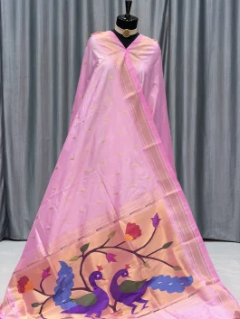 Pure Silk Big Peacock Pallu Yeola Handloom Paithani Baby Pink D10