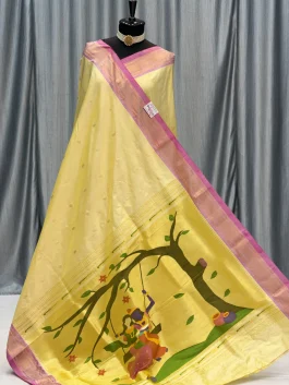 Pure Silk Big Peacock Pallu Yeola Handloom Paithani Light Yellow D10