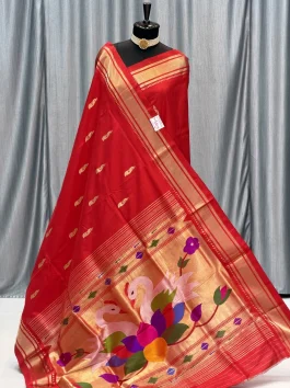 Pure Silk Big Peacock Pallu Yeola Handloom Paithani Red D10