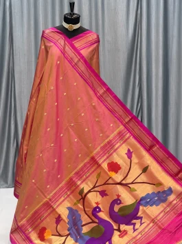 Pure Silk Big Peacock Pallu Yeola Handloom Paithani Dual Tone Aboli D10