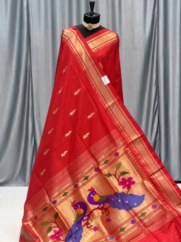 Pure Silk Big Peacock Pallu Yeola Handloom Paithani Red D10