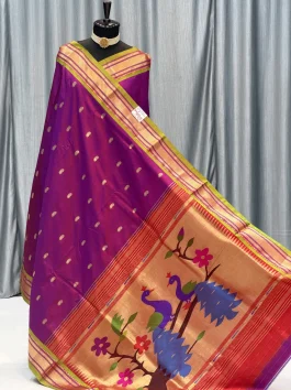 Pure Silk Big Peacock Yeola Handloom Paithani Dhup Chav Brinjal D10