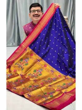 Pure Silk Neavy Blue Maharani Kadiyal Paithani Y11