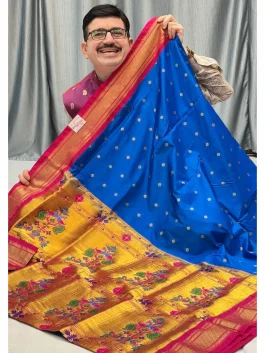 Pure Silk Royal Blue Maharani Kadiyal Paithani Y11
