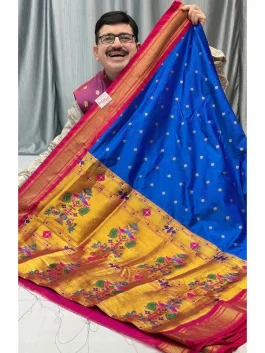 Pure Silk Ink Blue Maharani Kadiyal Paithani Y11