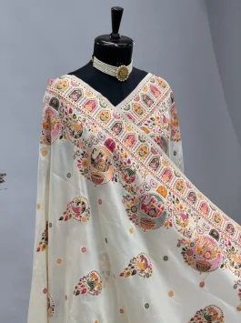 Soft Silk Pashmina Saree Offwhite E13